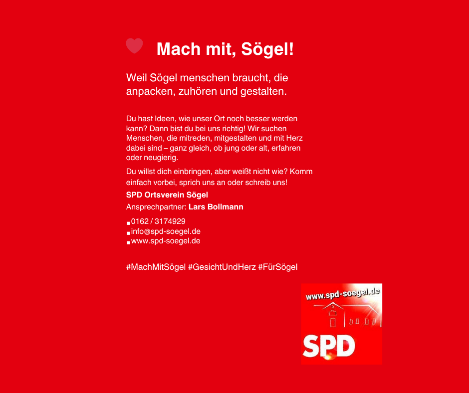 Du hast ein Herz für Menschen und willst Sögel mitgestalten?
Dann mach mit – gemeinsam für unser Zuhause! ❤️
