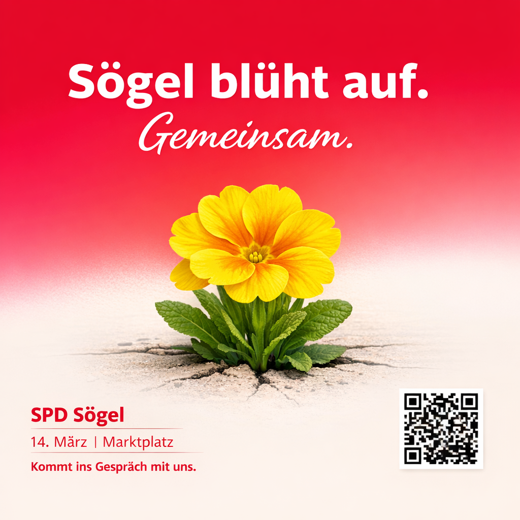 🌷 Sögel blüht auf – gemeinsam.
Am 14. März sind wir beim Frühlingserwachen auf dem Marktplatz in Sögel.
Wir möchten mit euch darüber sprechen:
👉 Was läuft gut in Sögel?
👉 Wo gibt es Verbesserungsbedarf?
👉 Was soll hier in Zukunft wachsen?
Kommt vorbei.
Lasst uns ins Gespräch kommen.

